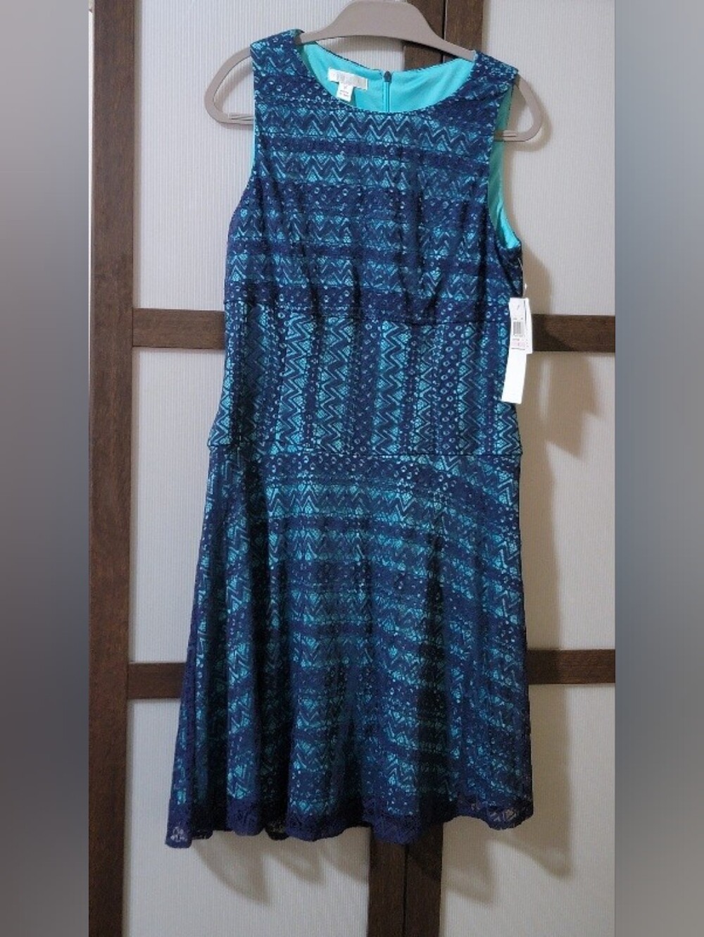 LONON TIMES Teal Sleeveless Patterned Fit-and-Flare Dress